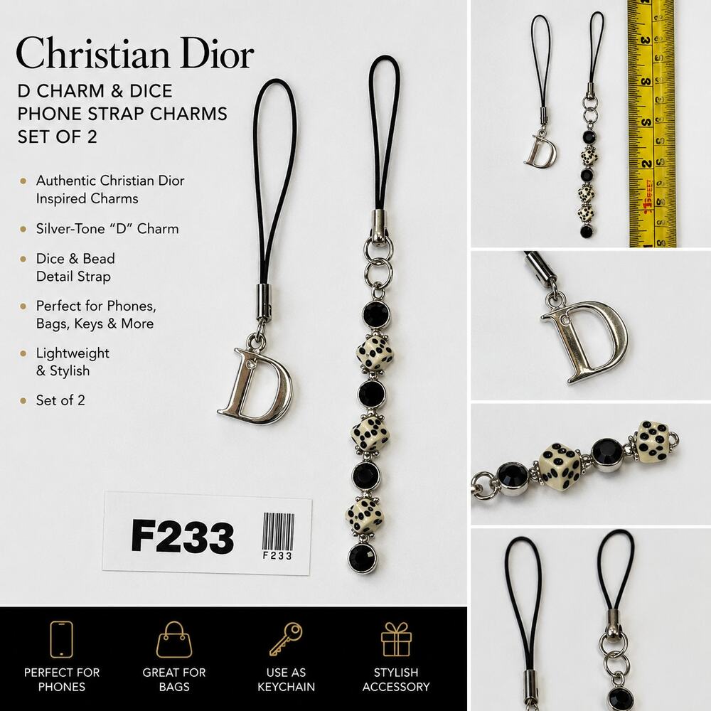 2x Christian Dior D Charm & Dice Beaded Cell Phone Strap Charm Keychain Set